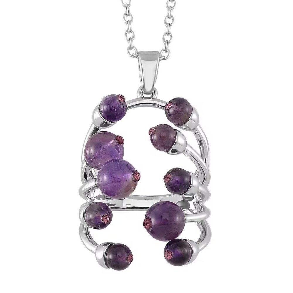 African Amethyst and Purple Austrian Crystal  Pendant Necklace in Silvertone